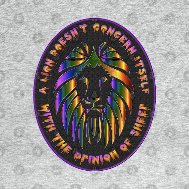 A Lion Does Not Concern Itself With the Opinion of Sheep - Lion Head and Face Prism Flame Fire Lion - Oval Background Black, Red, Yellow, Purple by CDC Gold Designs